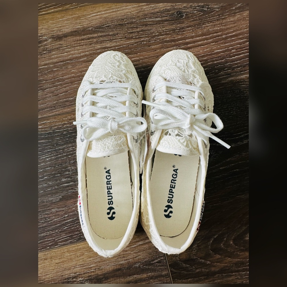 Superga White Lace Platform Sneakers with Floral Crochet - Picture 3 of 7
